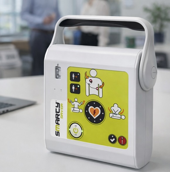Défibrillateur Smarty Saver posé sur une table dans un bureau