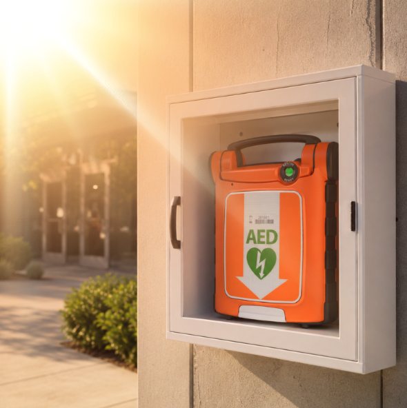 Défibrillateur orange dans une armoire murale en extérieur, sous une lumière estivale