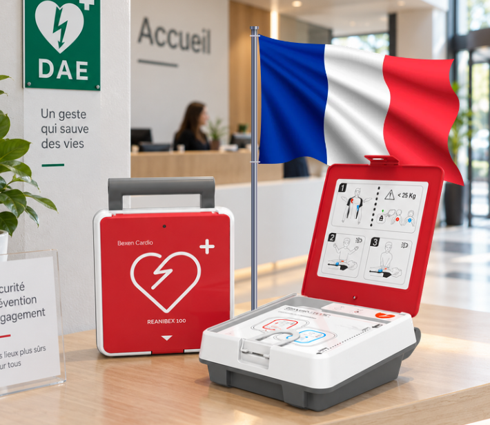 Défibrillateurs dans un espace d’accueil, avec signalétique DAE et drapeau français