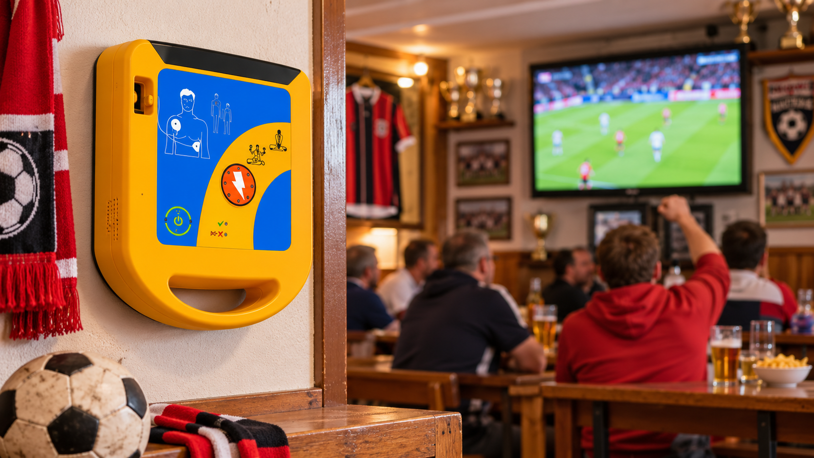Défibrillateur jaune et bleu fixé au mur d’un club-house pendant une retransmission de football