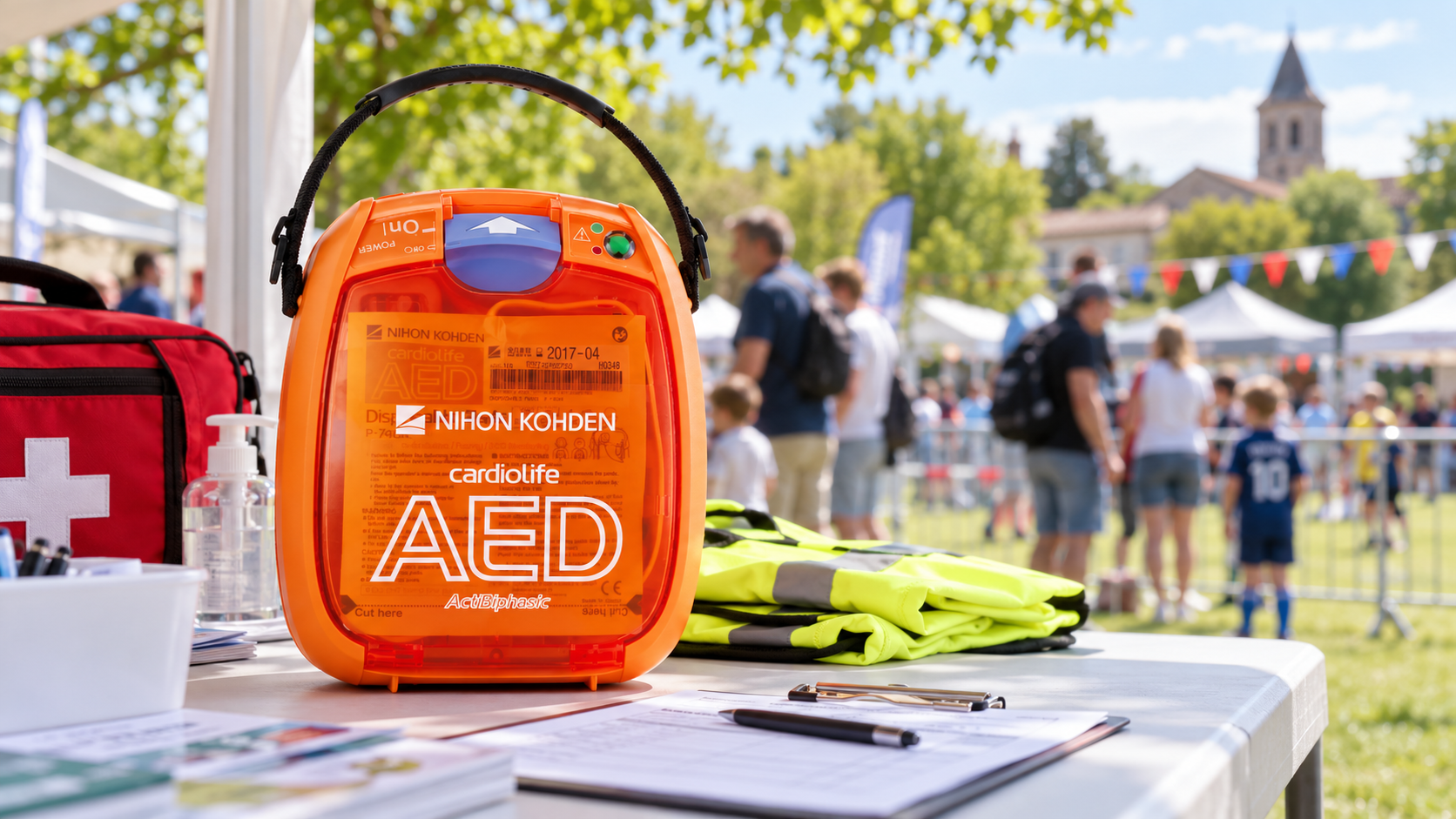 Défibrillateur orange Nihon Kohden sur une table de secours lors d’un événement en plein air