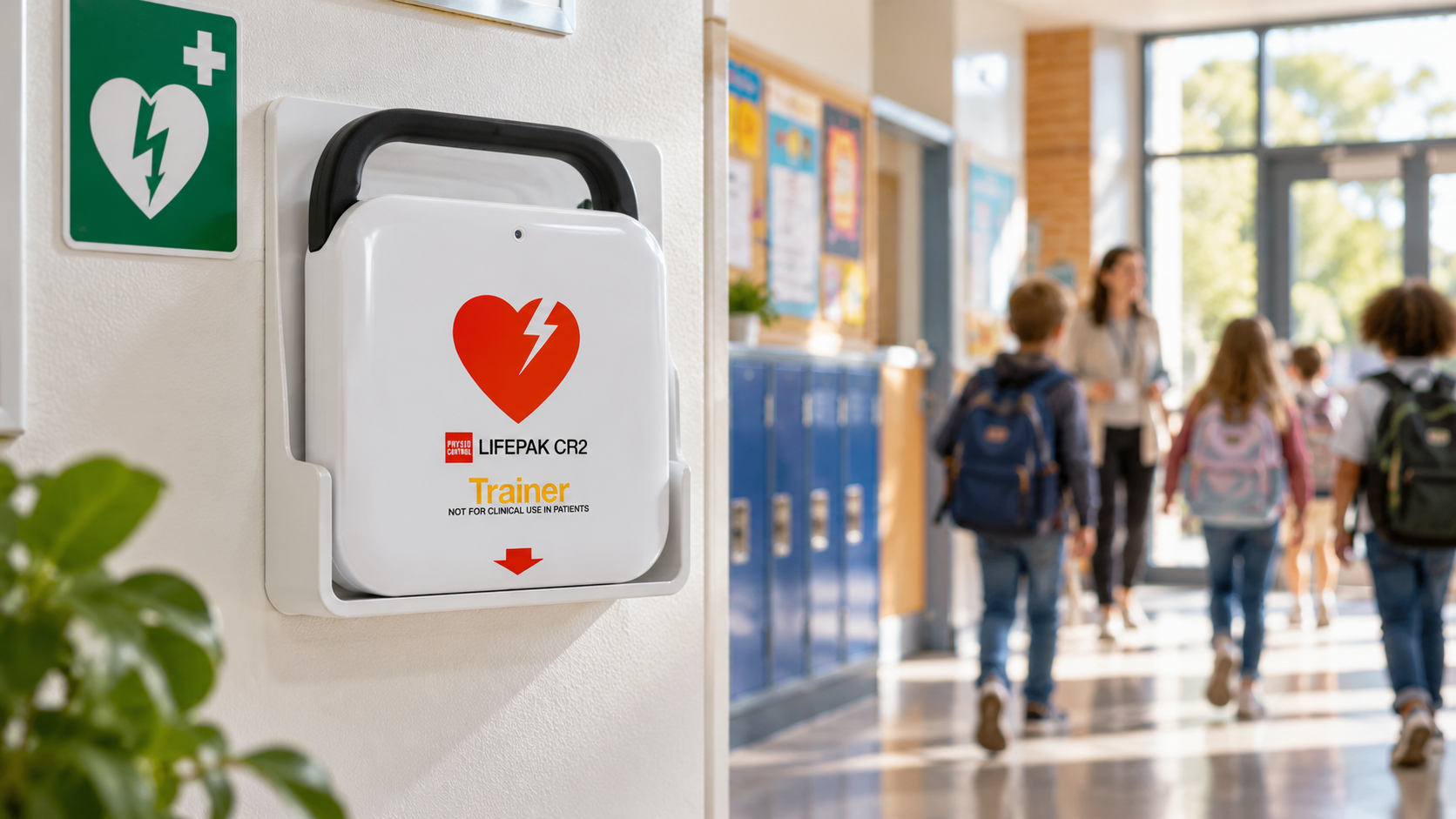 Appareil d’entraînement LIFEPAK CR2 Trainer fixé au mur dans un couloir d’école, à côté d’une signalétique DAE